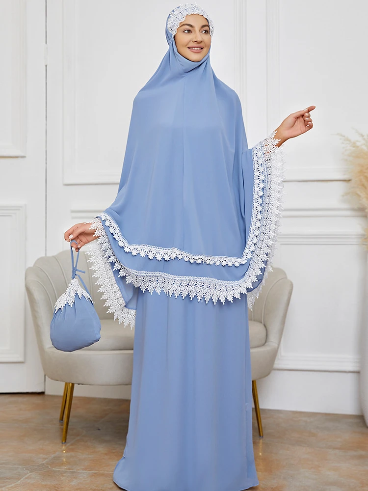 ラマダン Khimar アバヤイスラム教徒の女性の祈りの衣服ドバイサウジアラビア祈りドレスレーストリムシルキー 2 ピーススカートセットイード Niqab jilbab