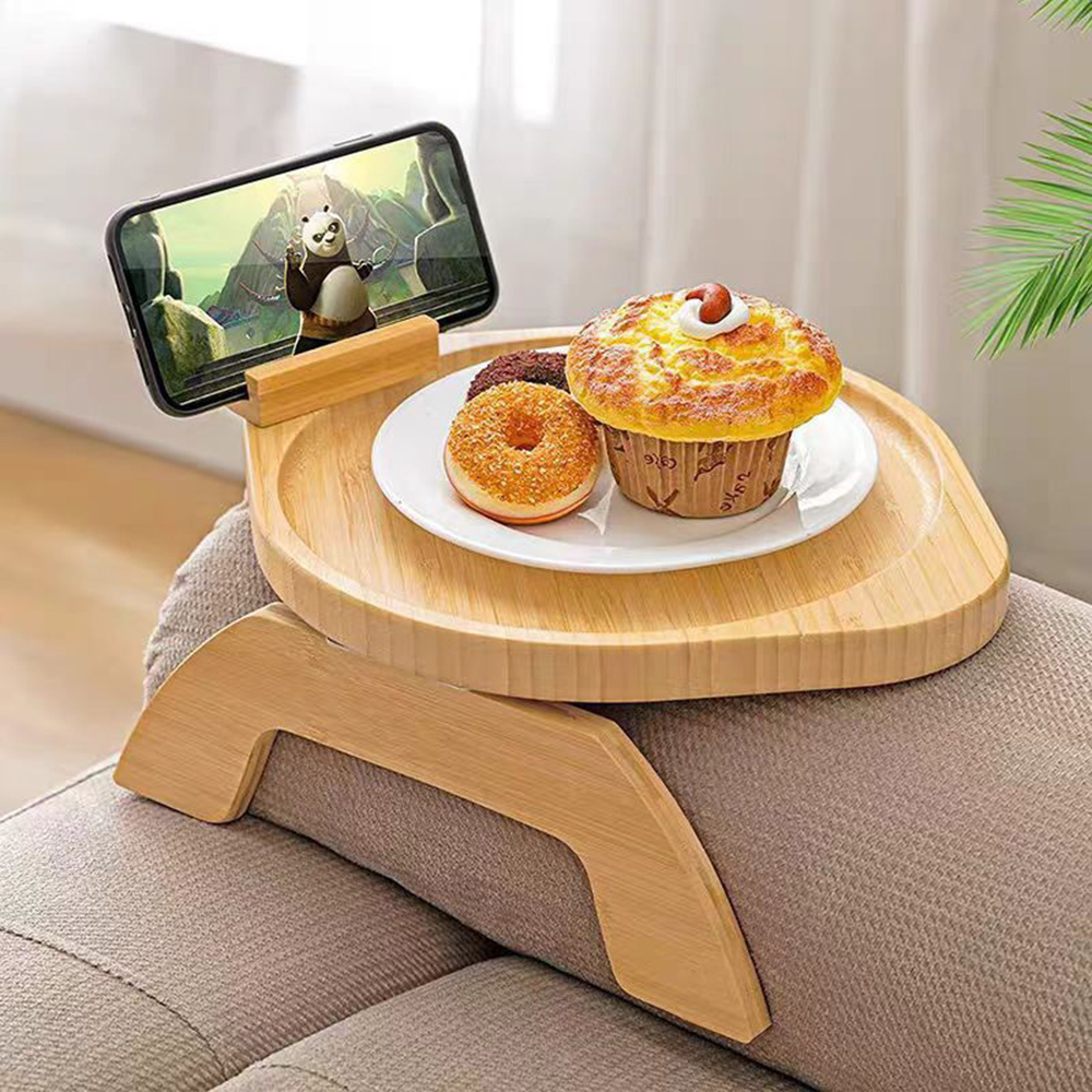 竹と木製のソファアームレストトレイ、フルーツ点心トレイ、携帯電話サポート付き、ホームスナック用の小さなトレイ、ティーテーブル収納ラック