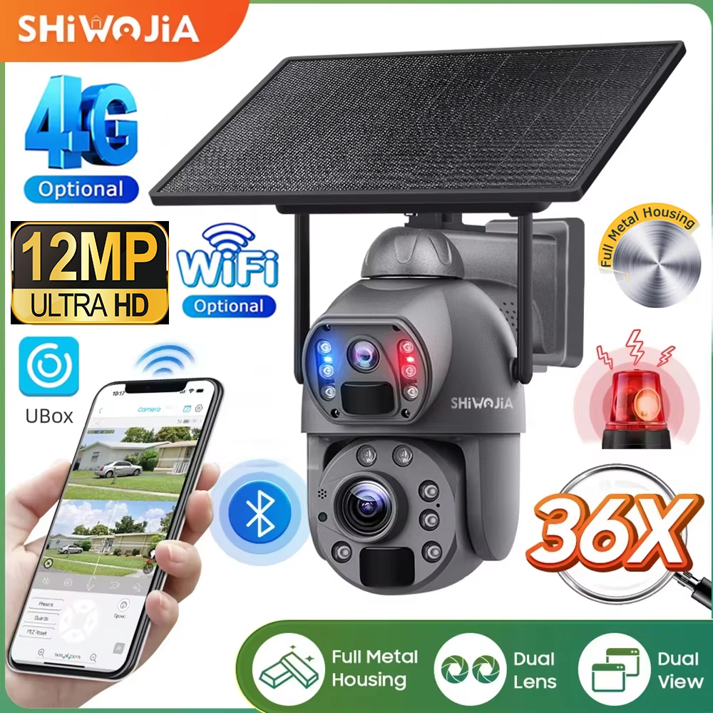 SHIWOJIA 36X ズーム 12MP 4G SIM ソーラーカメラ屋外 360° ワイヤレス WIFI バッテリーセキュリティカメラソーラーパネル PIR ナイトビジョン付き