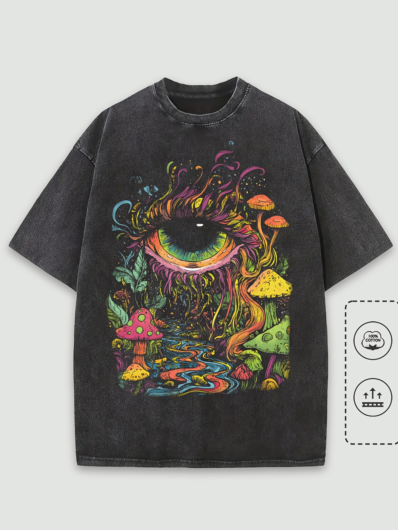 ウォッシュドコットン 100% メンズ ユニセックス グラフィック Tシャツ キノコの森 クルーネック Tシャツ 日常用 半袖シャツ ヤングアダルト