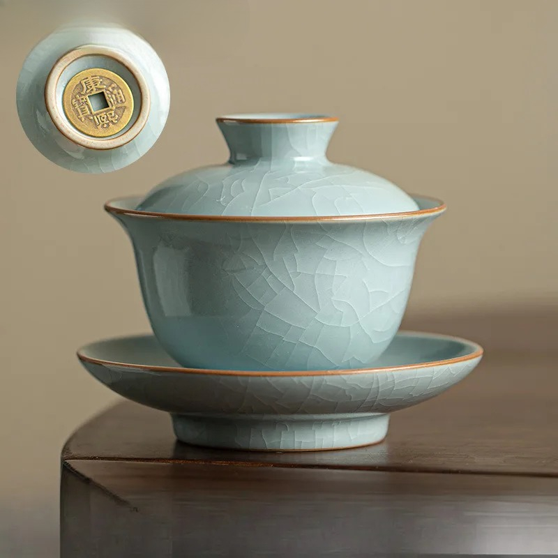 145 ミリリットル Azure Ru 窯氷ひび割れ釉 Gaiwan 手作り銅コインベース茶チュリーン茶醸造カバーボウル茶器装飾ギフト