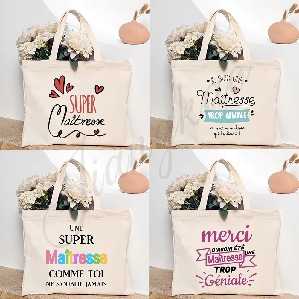 ありがとう先生フレンチプリント女性ショルダーバッグ CanvasShopping Bag 女性ハンドバッグ再利用可能なトートバッグ Maitresse への最高のギフト