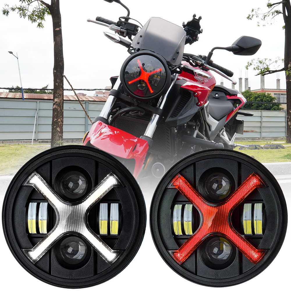 7 インチ X タイプ LED オートバイヘッドライト、白/赤 DRL 付き