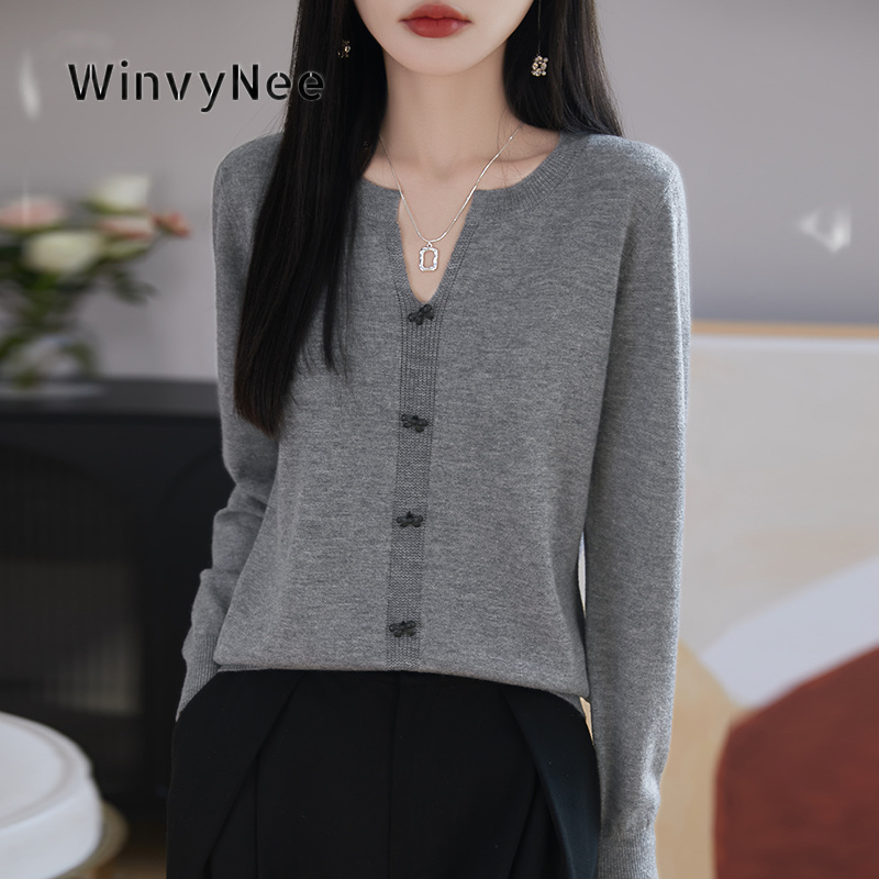 WinvyNee 女性プレミアムピュアウールチョッキ無地ちょう結びバックルオフィス重ね着暖かいニットファッションプルオーバーコート ZA1223005