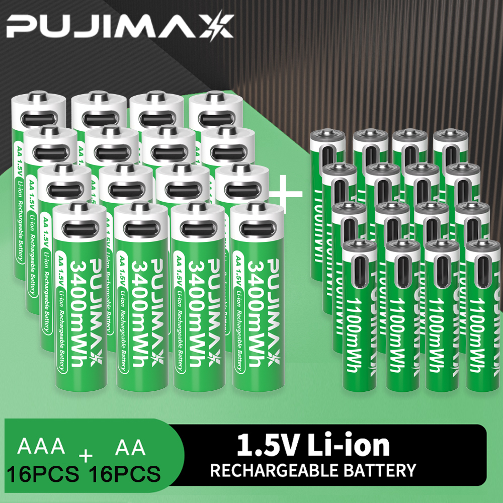 PUJIMAX 1.5V AAA/AA 3400mWh 1100mWh 充電式バッテリー USB タイプ C 充電式リチウムイオン電池リモコン電気おもちゃ用