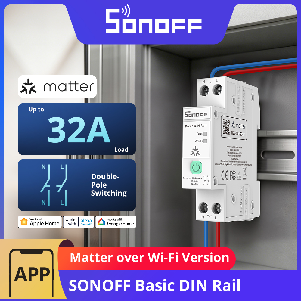 SONOFF BASIC-1GSP ベーシックシングルチャンネル DIN レールスイッチ Matter WiFi エネルギー消費モニタリング 過負荷保護 最大 32A