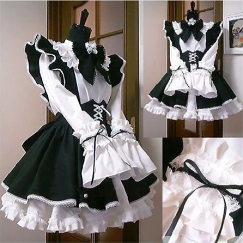 女性メイド服ロリータコスプレかわいいセクシーなエロかわいいカフェ衣装黒人、白人男性制服エプロンドレスかわいいちょう結び Mucama