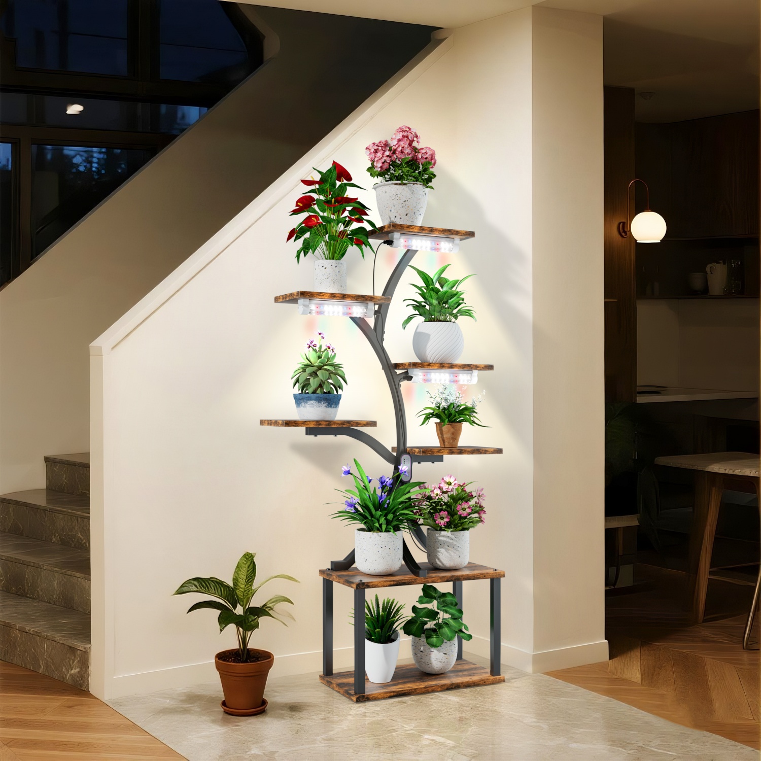 qp-7 ティアツリー型植物スタンド パティオリビングルーム用 金属製植物フラワーポットディスプレイホルダー ライト付き-
