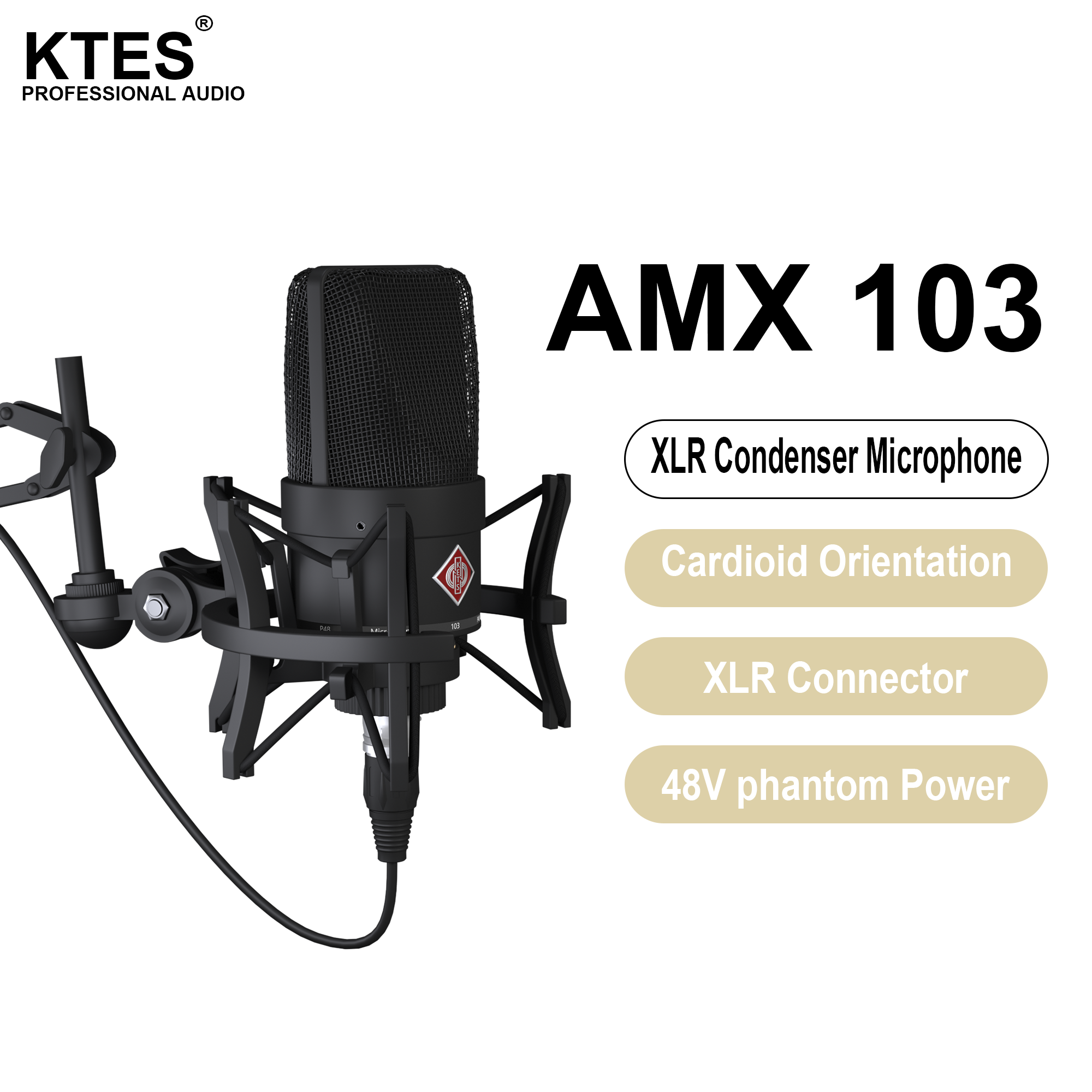 AMX 103 XLR コンデンサーマイク 48V ファンタム電源マイク オーディオインターフェイスミキサースタジオ録音ポッドキャストストリーミングボイスオーバー用