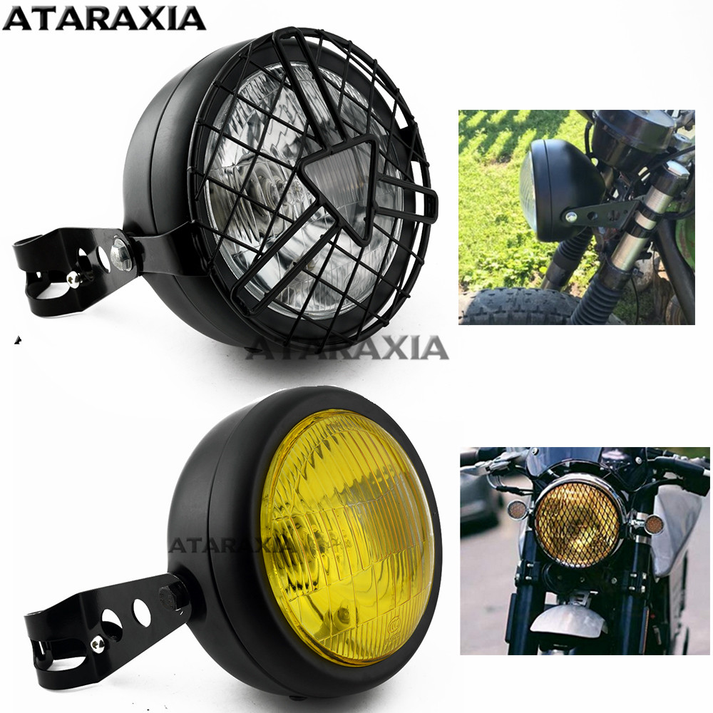 オートバイレトロメタルグリッド 35 ワットハロゲンフロントヘッドライトヘッドランプブラケットマスクキット CG125 GN125 ハーレーカフェレーサーホンダ