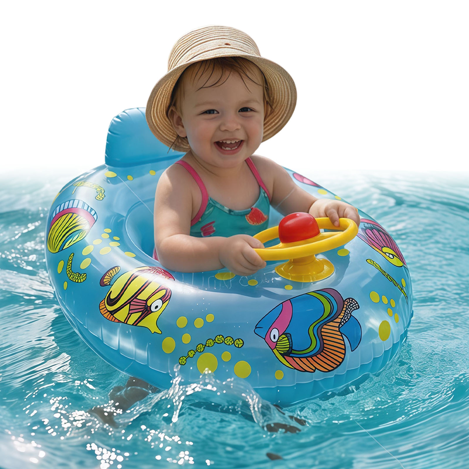 ベビープールフロート キャノピー付き 夏用ステアリングホイール 水泳リング 車 PVC インフレータブルおもちゃ 幼児用フロート シートボート 子供用幼児用
