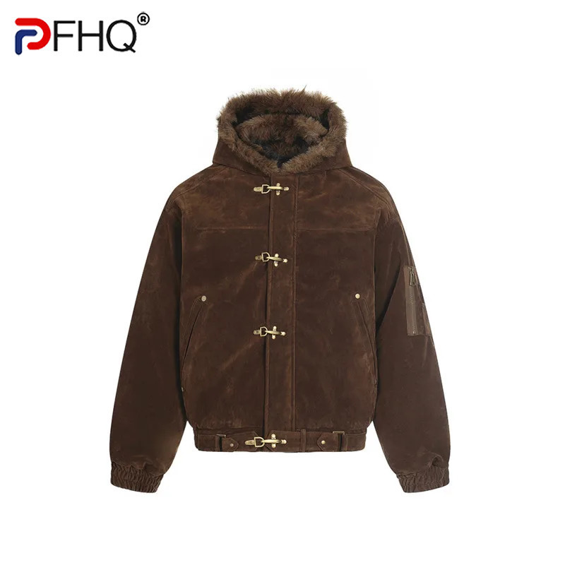 PFHQ アメリカンスタイルメンズコットンコートフード付きフェイクファーメタルシングルブレストルースソリッドカラー男性冬の新ジャケット CPG4887