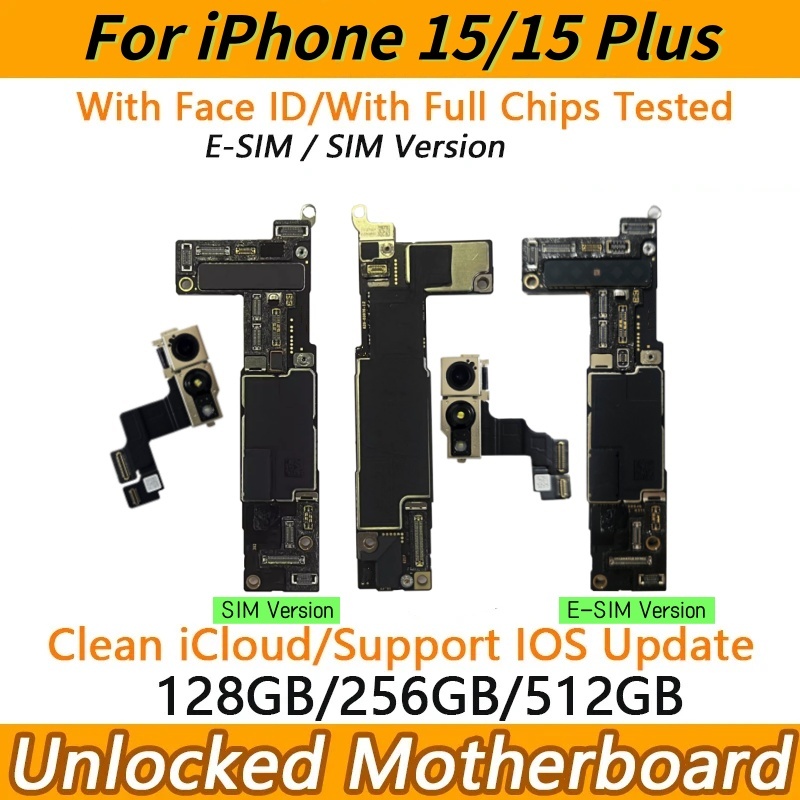 iPhone 15 Plus用の完全テスト済みマザーボード、Face IDロック解除サポート、ロジックボードチップのアップデート、クリーンなICloud 128GB、256GB