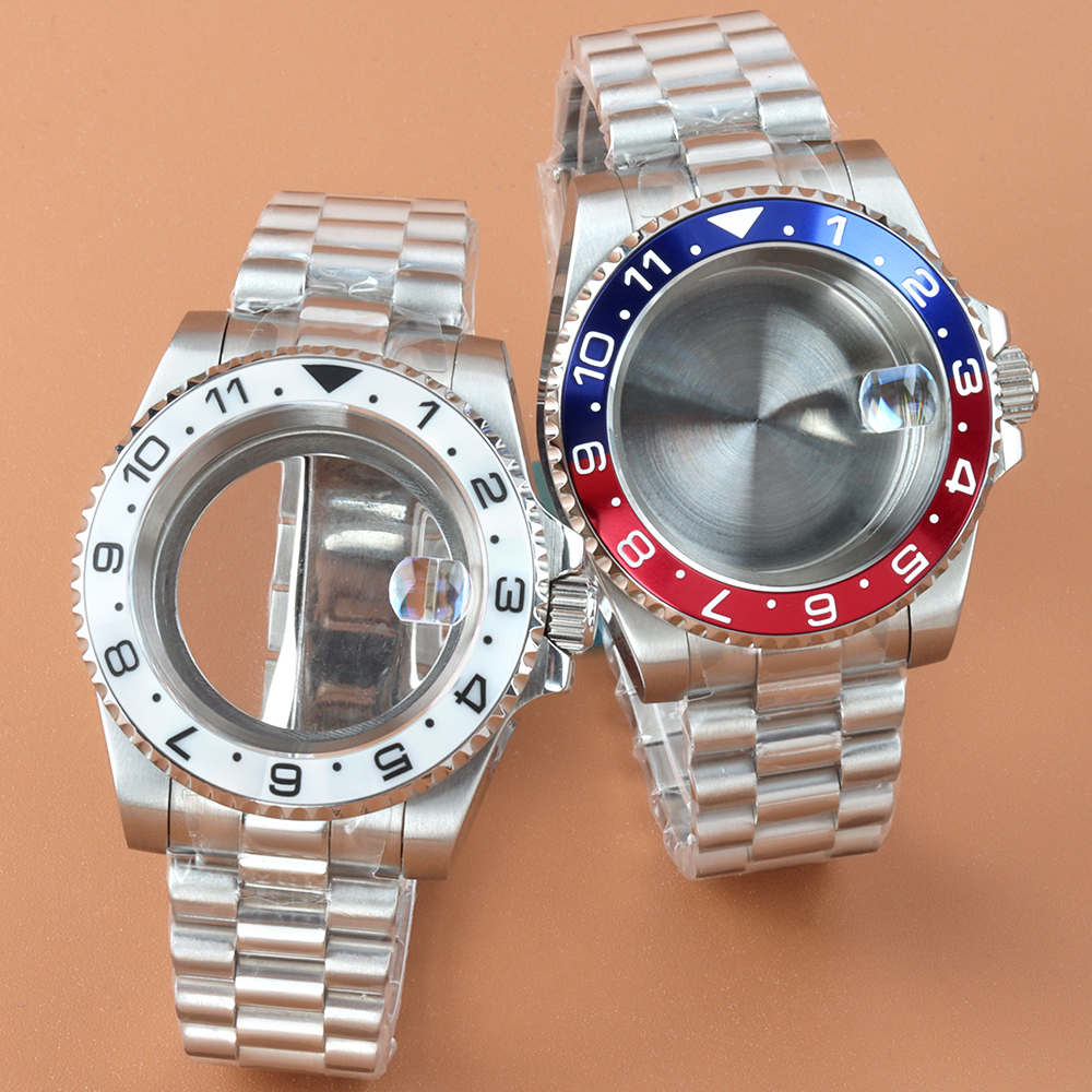 ホワイト/レッドブルーベゼル 40mm ケース大統領ストラップサファイアガラスステンレススチール時計ケースフィット GMT NH34 NH35 NH36 NH38 ムーブメント