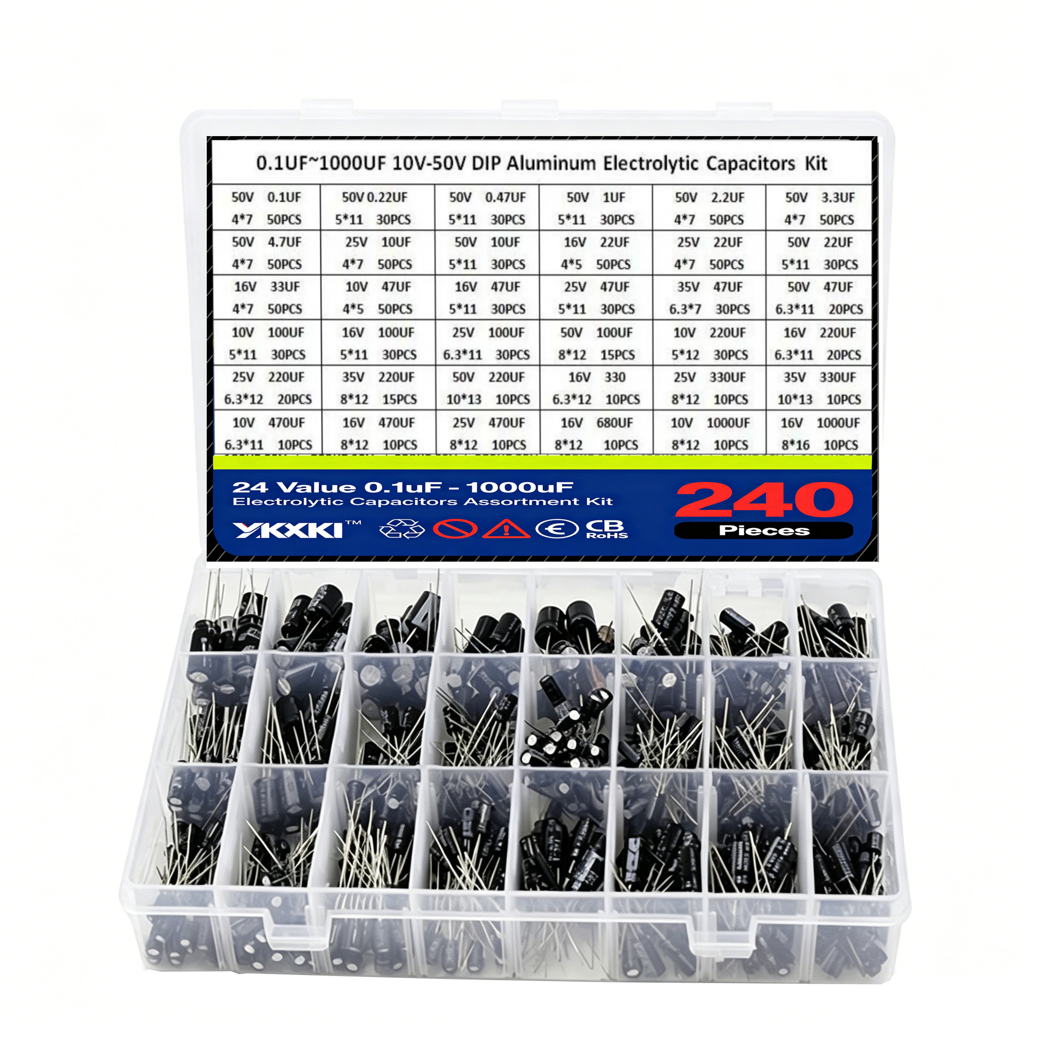 1000 ピース/ロット 0.1UF-1000UF 15/24/36Values アルミ 10-50V ミックス電解コンデンサ各種キットと収納ボックス