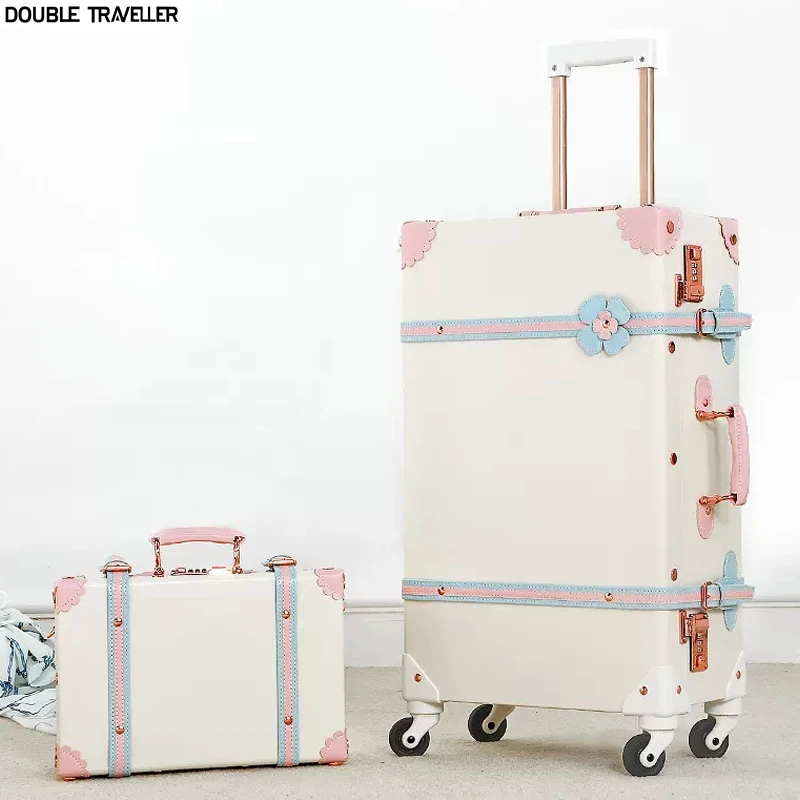 ファッション旅行バッグ荷物セット学生パスワードトランク荷物キャリーホイール付き女性ガールヴィンテージ PU トロリー化粧品バッグ