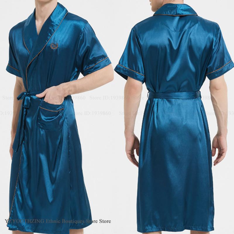 プラスサイズ 3XL 4XL 男性ローブ部屋着春夏シルクサテンパジャマ着物ガウンバスローブルーズカジュアルホーム服ネグリジェ