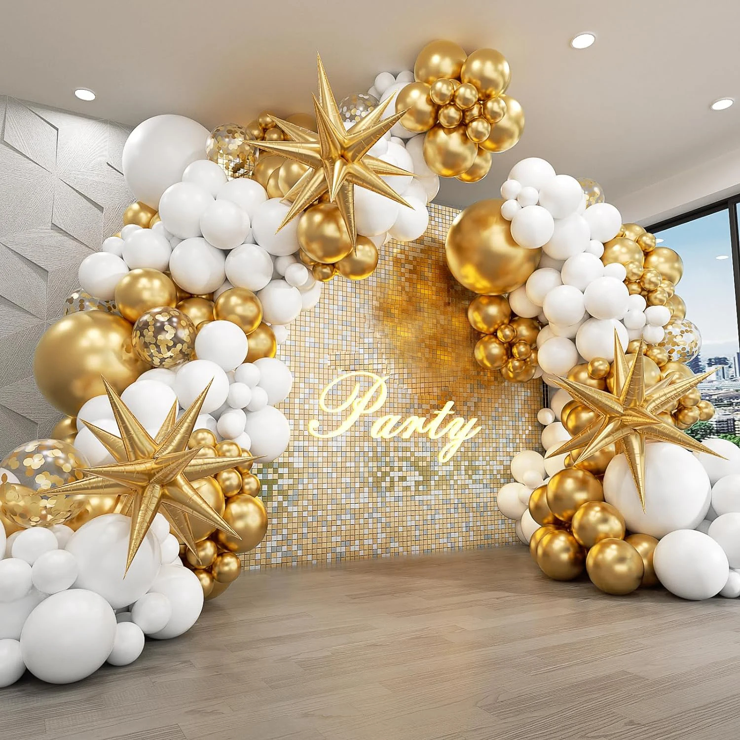 ホワイトとゴールドのバルーン ガーランド アーチ キット スターバースト ホイルバルーン付き 結婚記念日 誕生日パーティー デコレーション サプライヤー