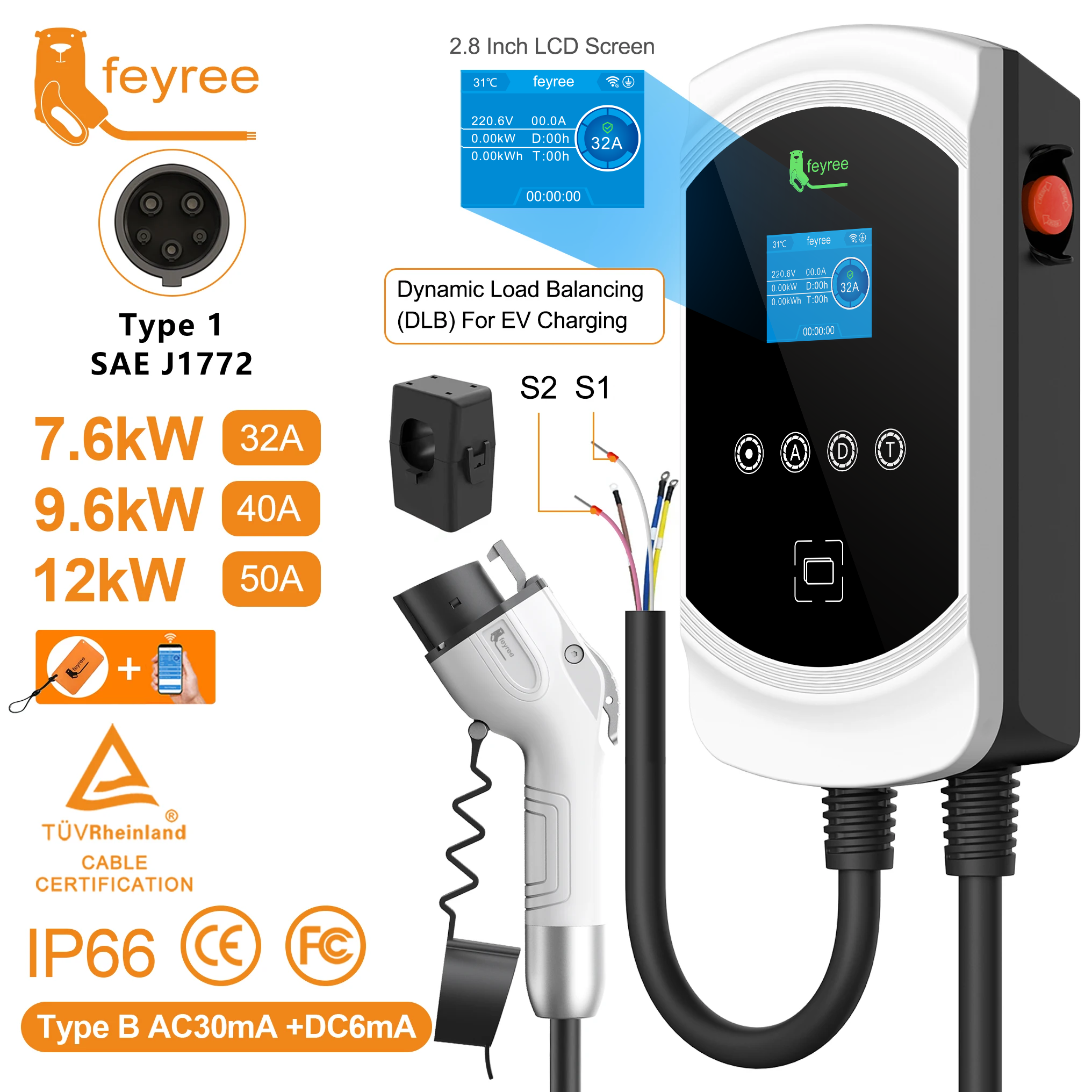 Feyree DLB 機能 EV 充電器 Type1 EVSE ウォールボックス 32A 7.6kW 40A 9.6kW 50A 12kW 1P J1772 ソケット APP 制御電気自動車用