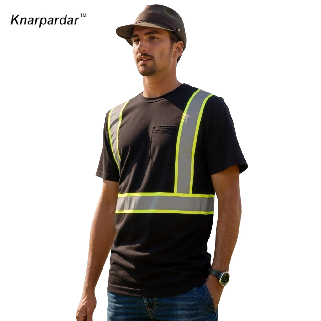 新着メンズ Hi Vis 黒 Tシャツ反射安全半袖作業服高視認性安全シャツ作業服
