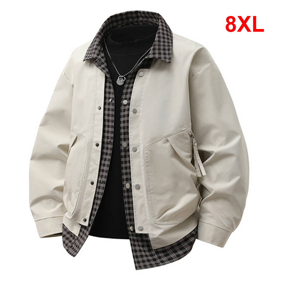 8XL プラスサイズのジャケット男性偽二枚ジャケットコートファッションカジュアルチェック柄パッチワークコート男性春秋の上着ビッグサイズ