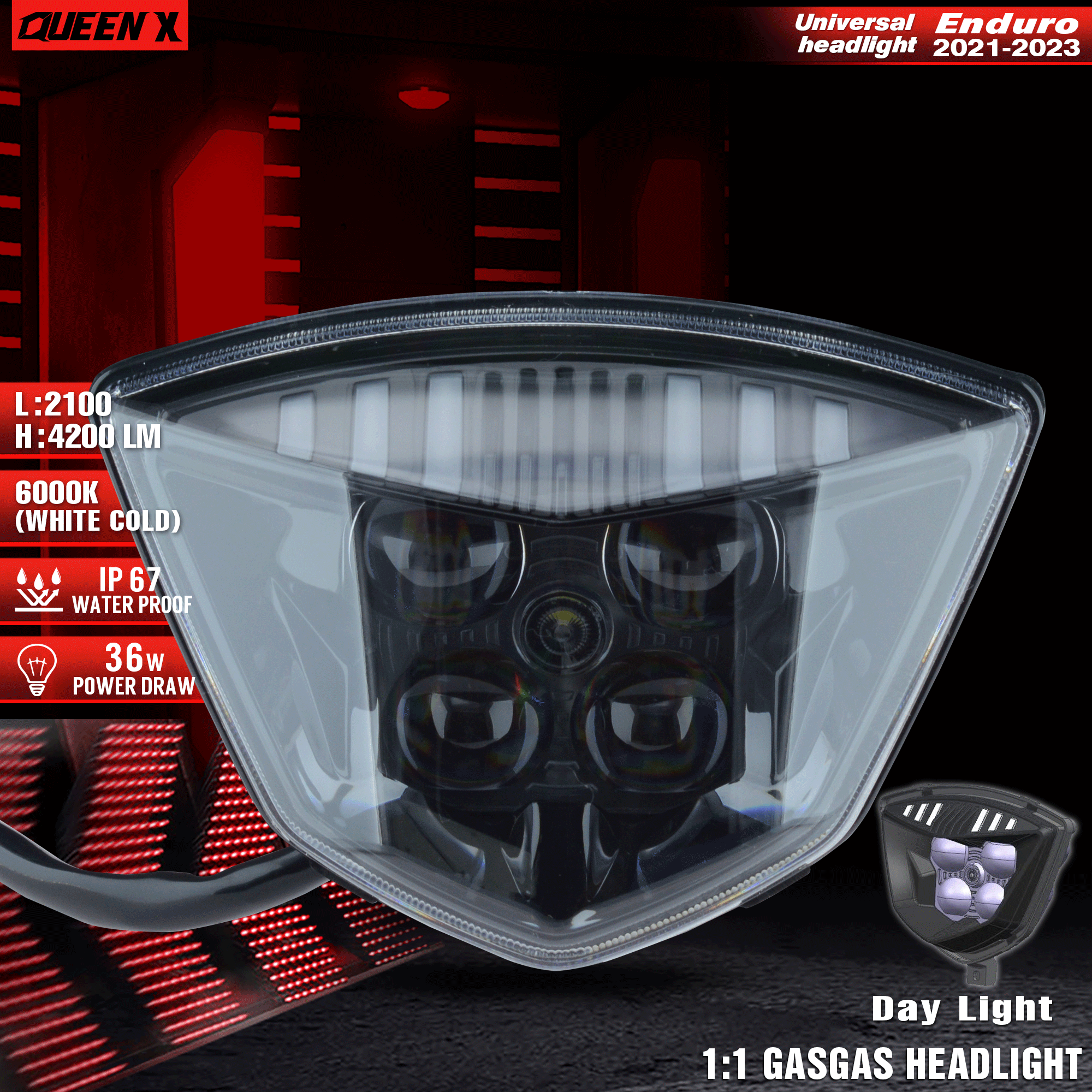 クイーン X モーターオートバイ LED ヘッドライトヘッドランプスーパーモトフェアリング GASGAGS EC MC ユニバーサルライト