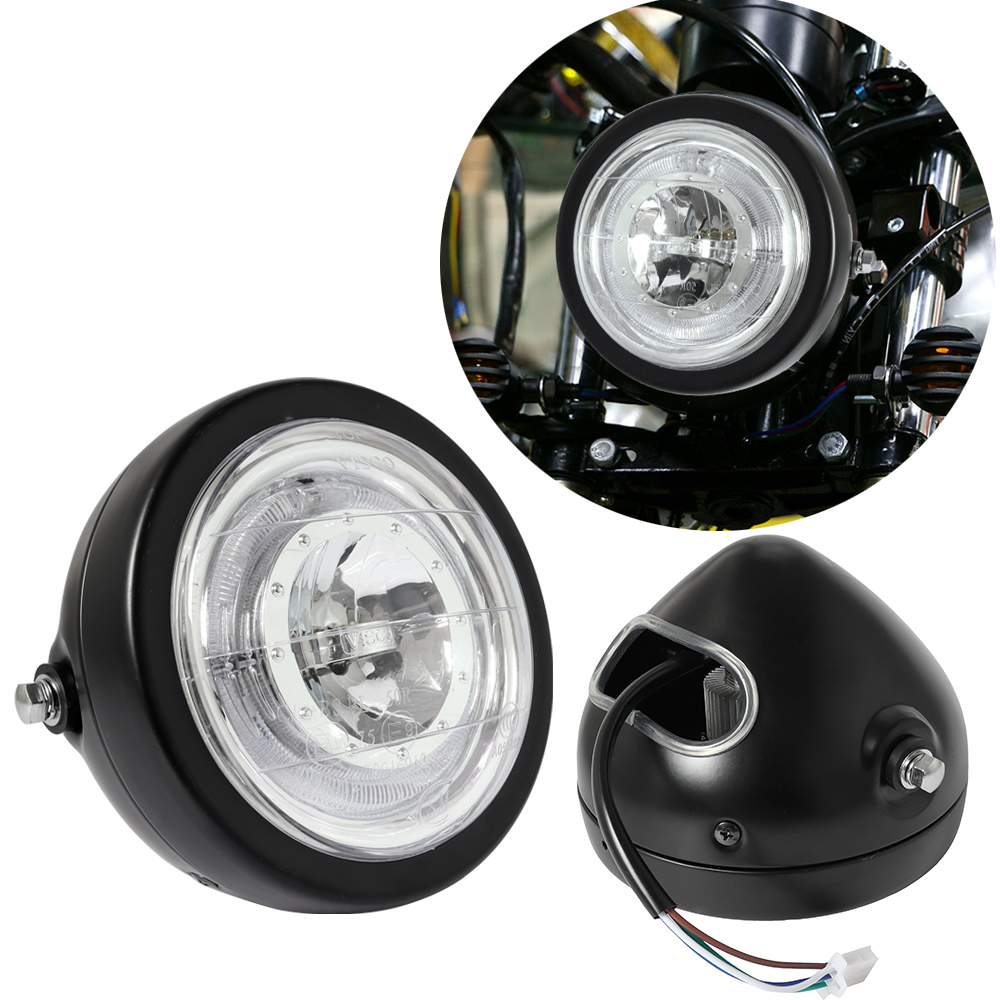 6.5 インチオートバイ LED ヘッドライトユニバーサル 6.5 "ラウンドヘッドライトエンジェルアイハーレースポーツスターカフェレーサーホンダヤマハスズキ