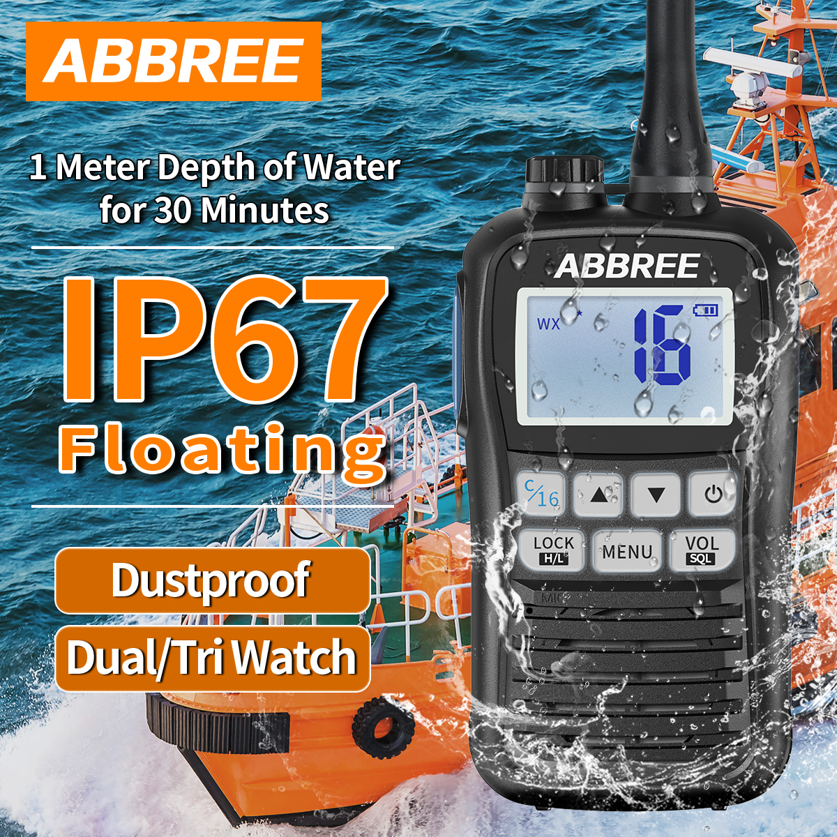 ABBREE AR-25M マリンラジオトランシーバートランシーバー IP67 防水 VHF ハンドヘルドフロート容器トーク NOAA 双方向ラジオボート用