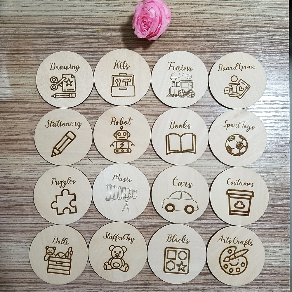 子供部屋の装飾用の木製収納タグ、イラスト付き収納ラベル、プレイルームのおもちゃの看板、ラウンドバンドル、おもちゃ箱の看板カスタム