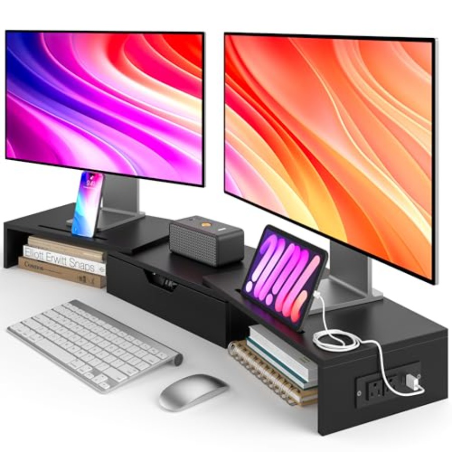 USB ポート付きデュアル モニター スタンド 木製コンピューター モニター スタンド ライザー 引き出し付き 調節可能なデスク シェルフ デスク オーガナイザー コンピューター用