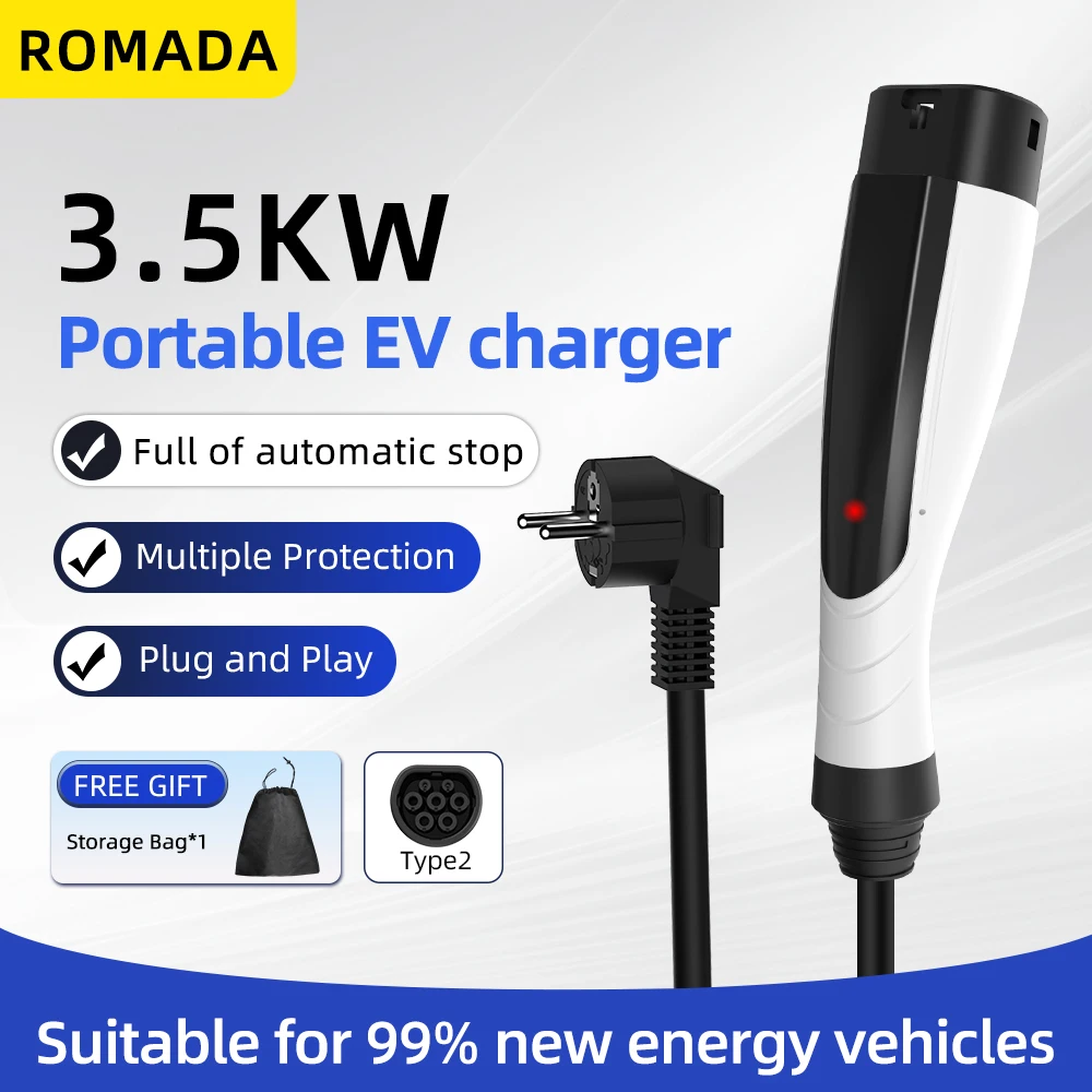 新しい ROMADA 3.5KW 16A ポータブル EV 充電器 3M-10M ケーブル IEC62196 TYPE2 EVSE EU プラグ安全急速充電電気自動車 CE
