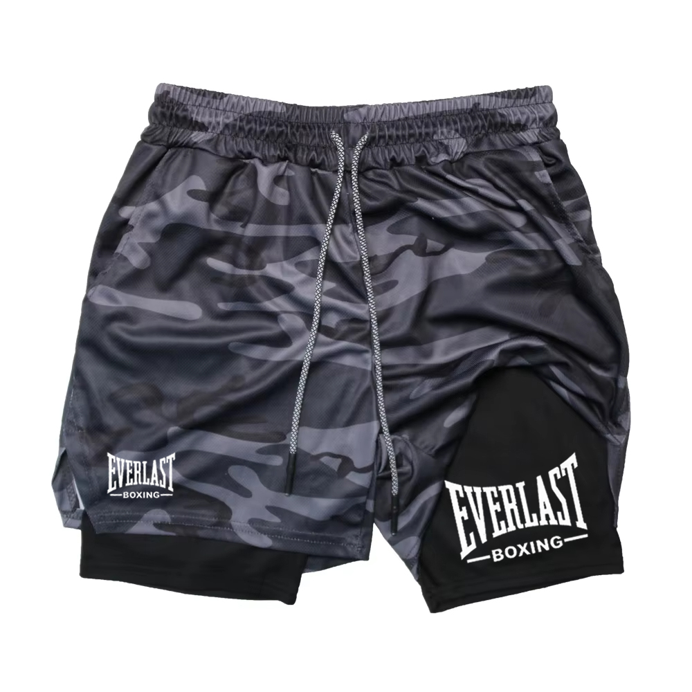 メンズファッショナブルな二層スポーツショーツ EVERLAST プリントスポーツショーツ、二層速乾性バスケットボール筋肉フィットネス