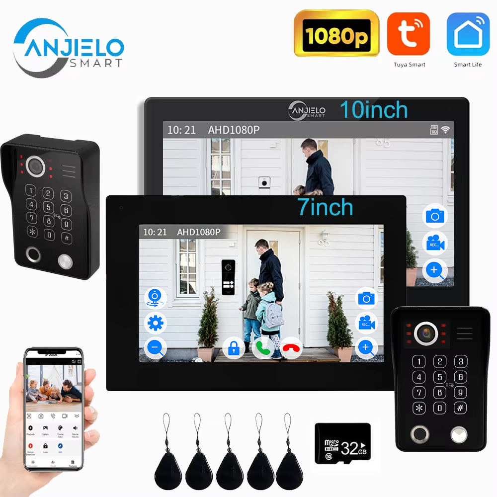 Anjielo Tuya 1080P 7/10 インチタッチモニター指紋ロック解除ビデオインターホンドアベルセキュリティシステムヴィラホーム用