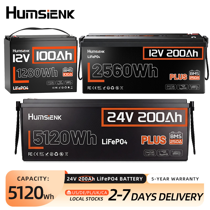 Humsiek 12V 100Ah/200Ah 24V 200Ah LiFePO4 バッテリー、内蔵 100A/200A BMS、15000 ディープサイクル、低温保護、最大 15000 サイクル RV、バン、ゴルフカート、ボート、キャンピングカー、マリン、トローリングモーター、オフ-