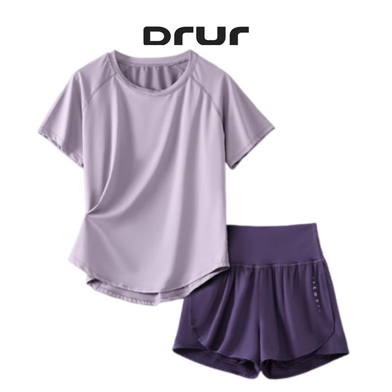 DRUR 2 個ヨガセット女性の夏のスポーツスーツ 2 ピーススポーツウェア衣装女性半袖フィットネストップスランニングショーツセット新