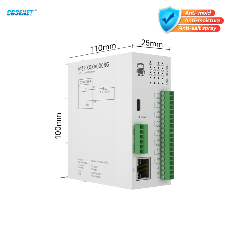 8AO RJ45/RS485 アナログスイッチ取得分散リモート IO モジュール CDSENT M31-XXXA0008G ホストモジュール高速拡張 DC9 〜 36V
