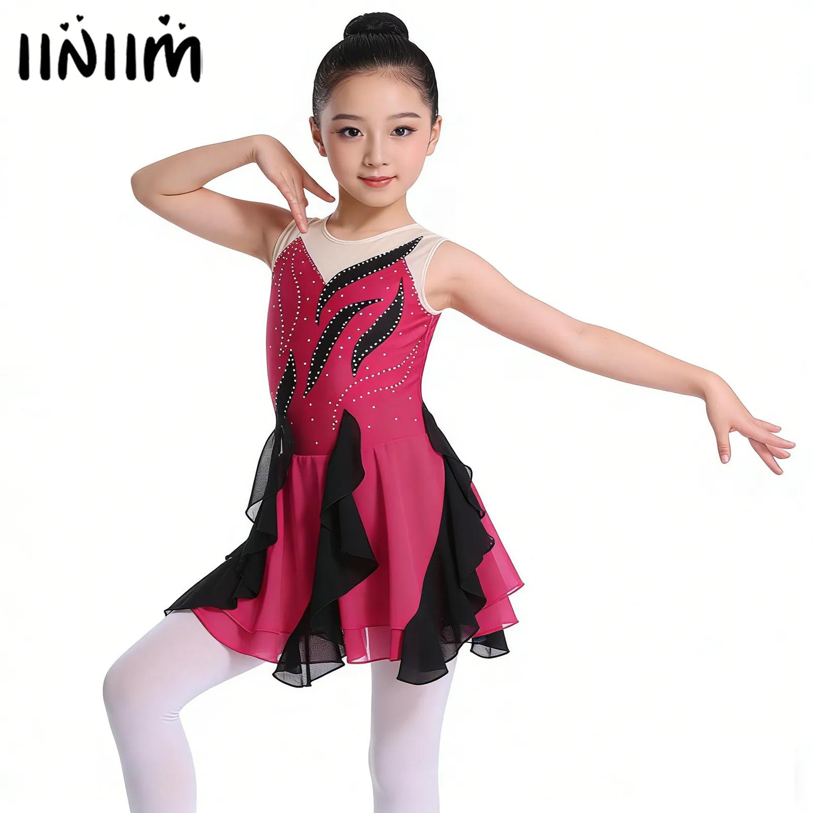 女の子光沢のあるフリル芸術スケート衣装体操レオタードバレエジャージ叙情的なダンスドレスメッシュMordernドレスダンスウェア