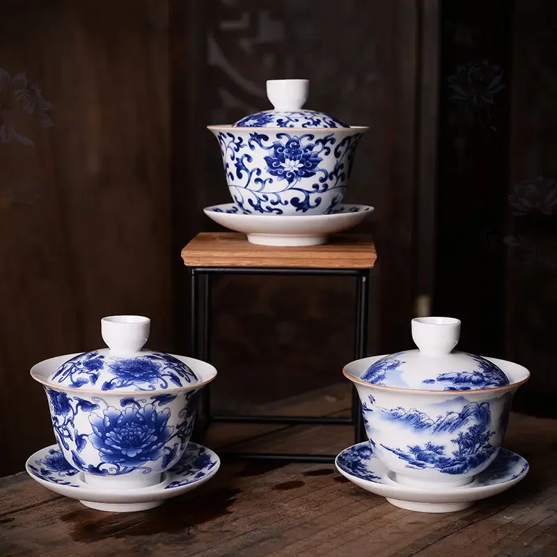 ホワイトセラミックティーボウル、プーアルティーカップソーサーと蓋セット、中国茶器、Sancai Gaiwan、中国磁器Chawan Tureen