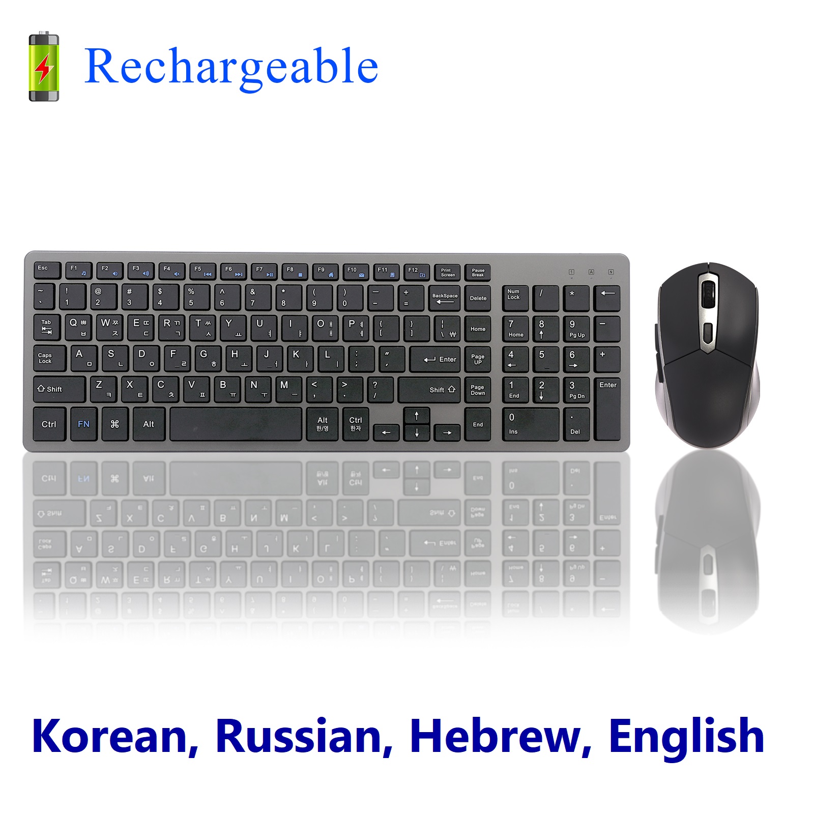Rechargeable Wireless Keyboard and Mouse Korean Russian Hebrew English Silent Slim Compact Keyboard Kit for Laptop PC Computer