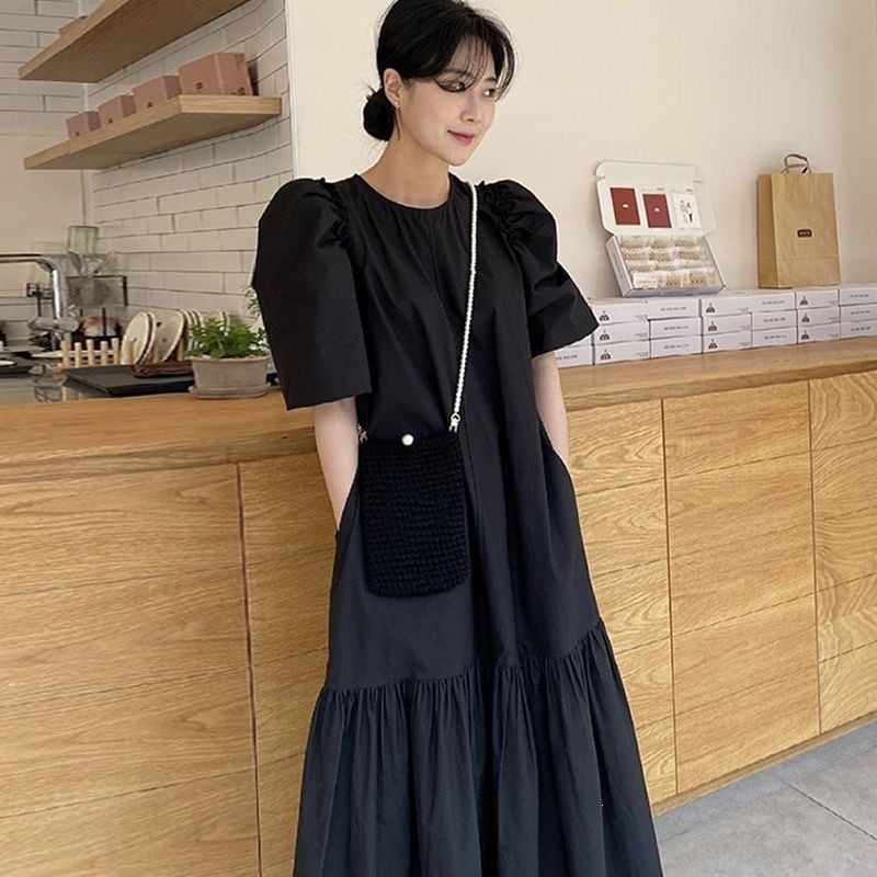 韓国夏ヴィンテージルーズバブルスリーブロングプリーツドレスレディースミディドレス芸術的なレトロスタイルニット生地セブンクワ...