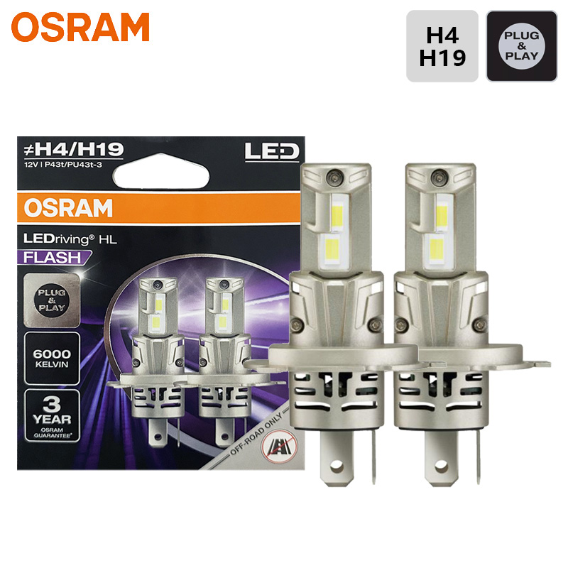 OSRAM LEDriving HL H4 H19 フラッシュ LED カーヘッドライト P43t PU43t 12V 高輝度ランプ 1:1 小型デザイン 6000K ホワイト Hi/lo ビーム 64193CWFL
