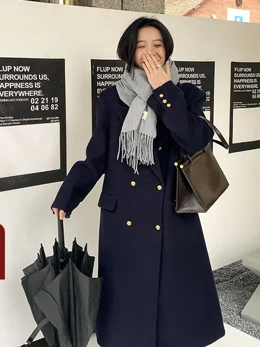 新しい英国スタイルネイビーブルーウールコート女性ジャケット冬服ダブルブレストミッドレングスウールスーツジャケット女性服