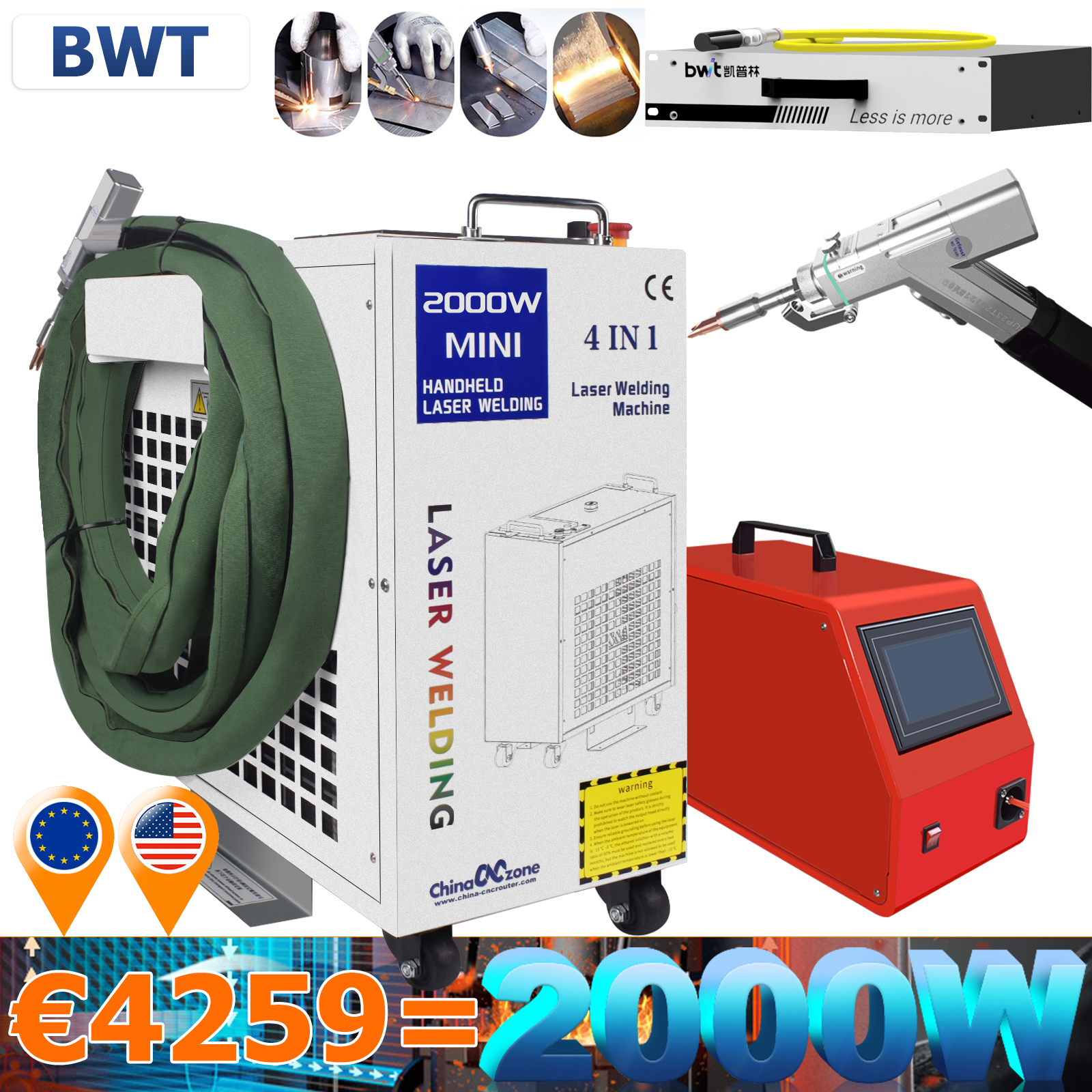 4 in 1 レーザー溶接機 2000 ワットファイバーレーザー溶接機クリーニング溶接切断水冷金属 EU/米国在庫