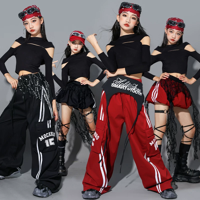 K-pop ガールズブラッククロップトップストリートダンスだぶだぶのパンツストリート服セットファッションヒップホップ衣装グループジャズステージショー衣装