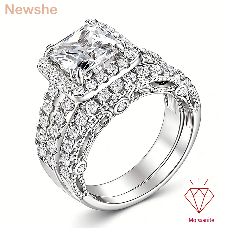 Newshe 女性認定モアッサナイト結婚指輪セット認定 D カラー VVS1 プリンセス カット婚約指輪ホワイトゴールドメッキ