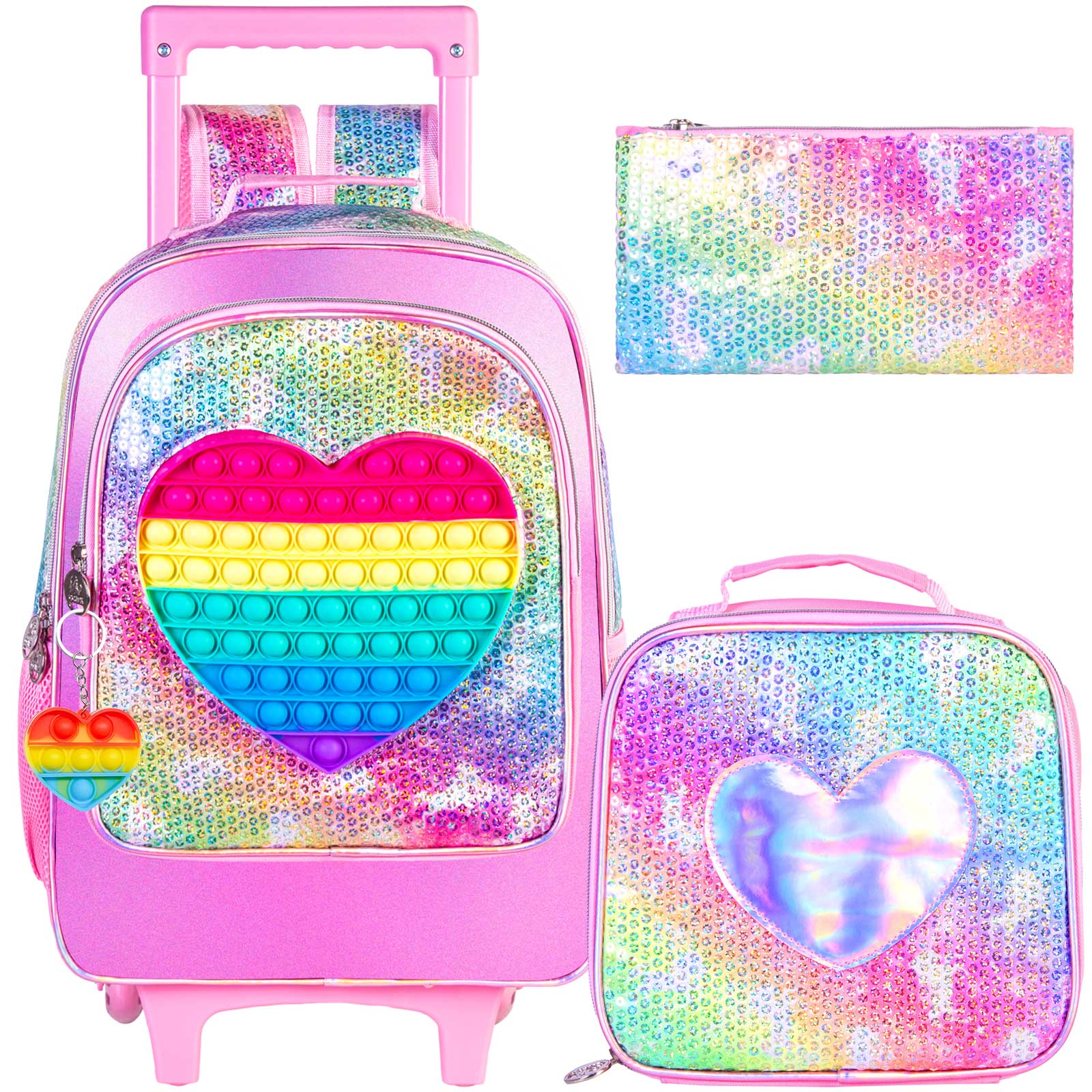 女の子と男の子用のローリングバックパック、子供用ユニコーン恐竜ブックバッグ、ローラーホイール付き、スーツケーススクールバッグセット