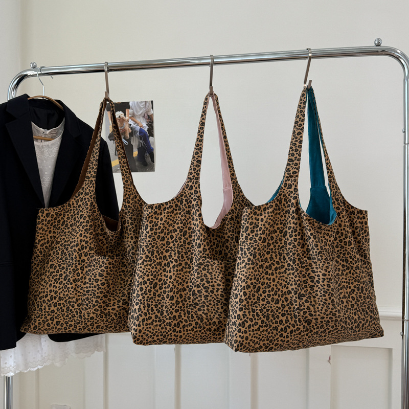 Leopard Print Vest Shoulder Bag for Women Double-sided Female Retro Suede Tote Purse Fall Winter Ladies Contrast Color Handbags