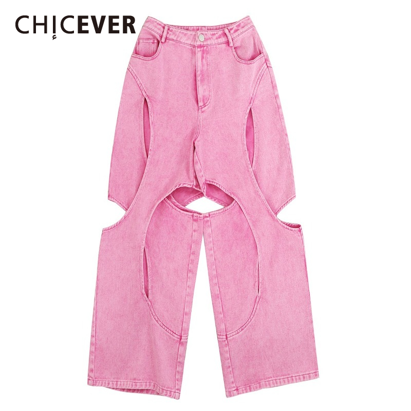 CHICEVER ベビーピンクストリートスプライシング中空ジーンズ女性のためのハイウエストアメリカンホットガールだぶだぶのズボン女性の夏服