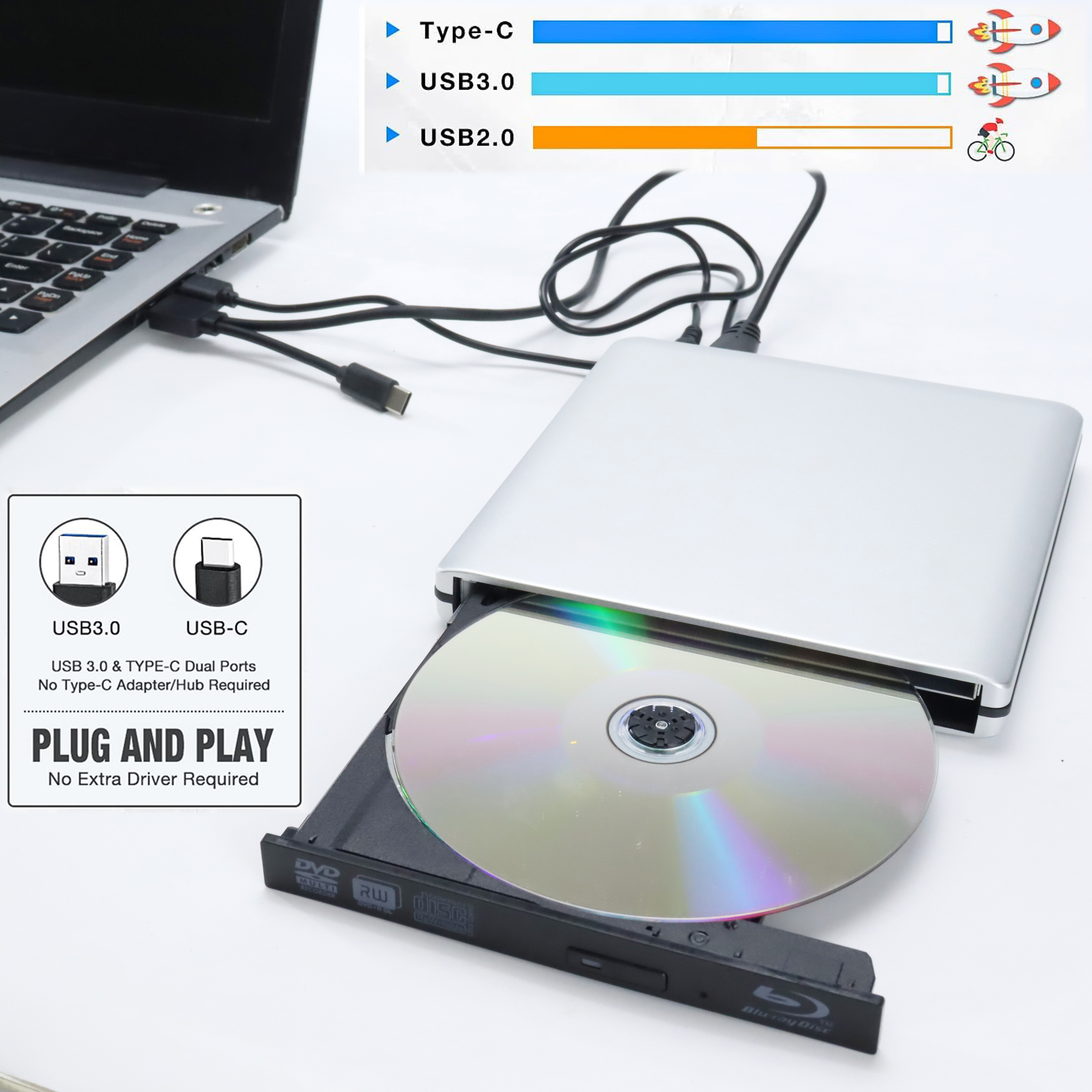 アルミ合金外部ブルーレイ光学ドライブ BD-ROM USB3.0 タイプ C DVD ライター 3D ブルーレイリーダー DVD-R ラップトップ/デスクトップ用