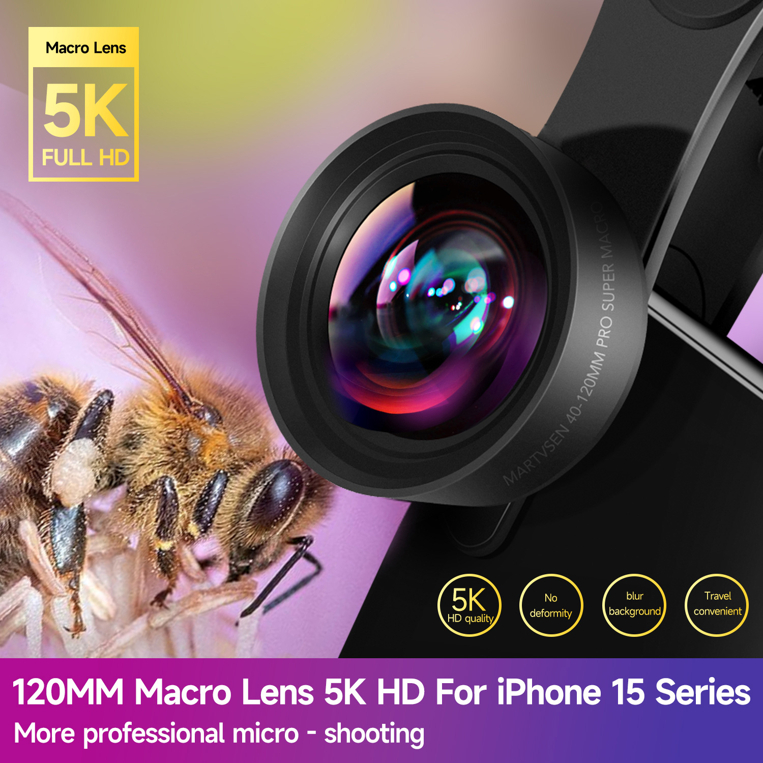 MARTVSEN 120MM マクロレンズ、プロフェッショナル 5K HD 10x スーパー マクロ ユニバーサル クリップ カメラ フォト レンズ Samsung Andriod iPhone 用